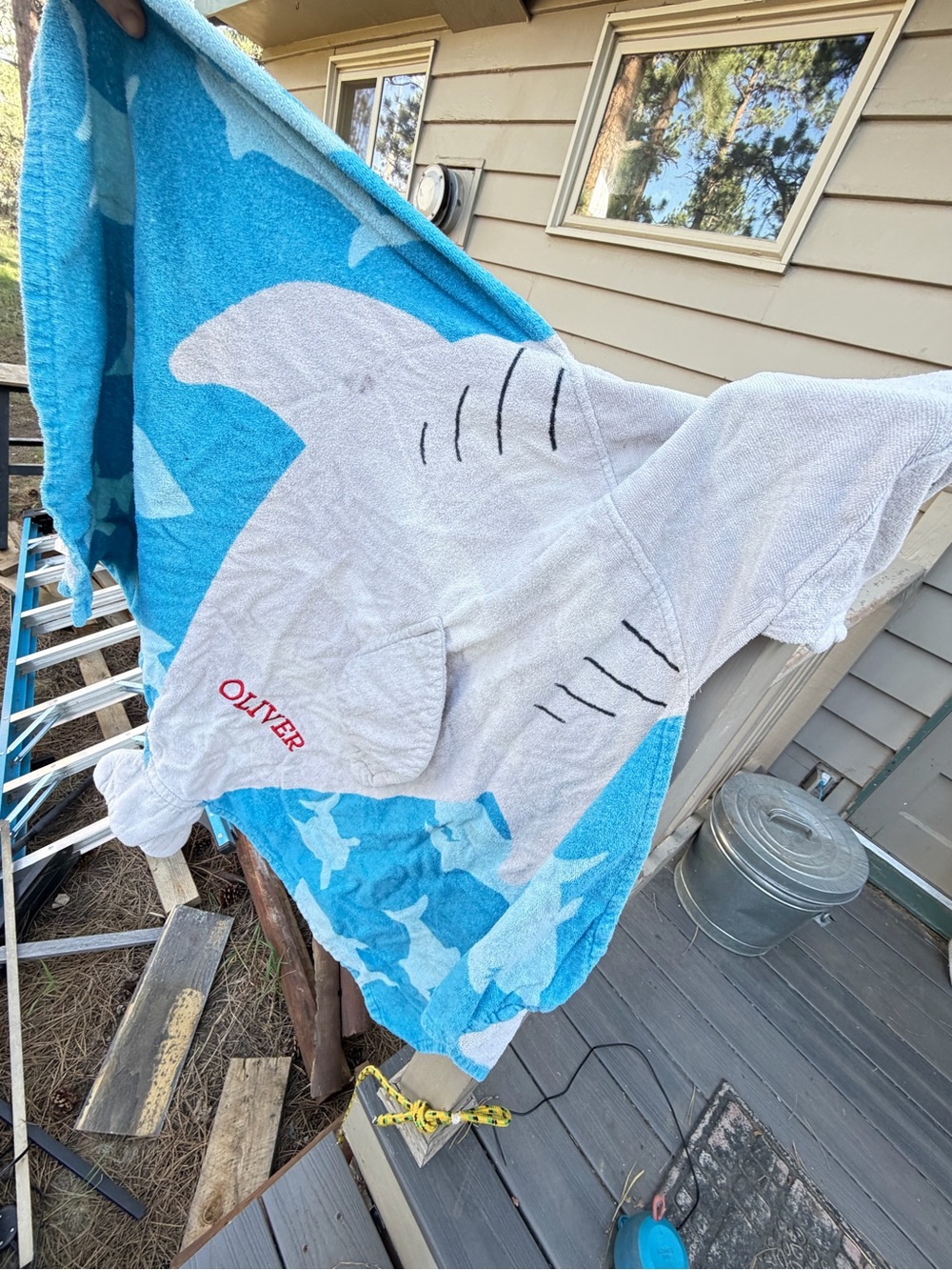 Shark Hooded Towel with Name Embroidery - Blue & Light Gray